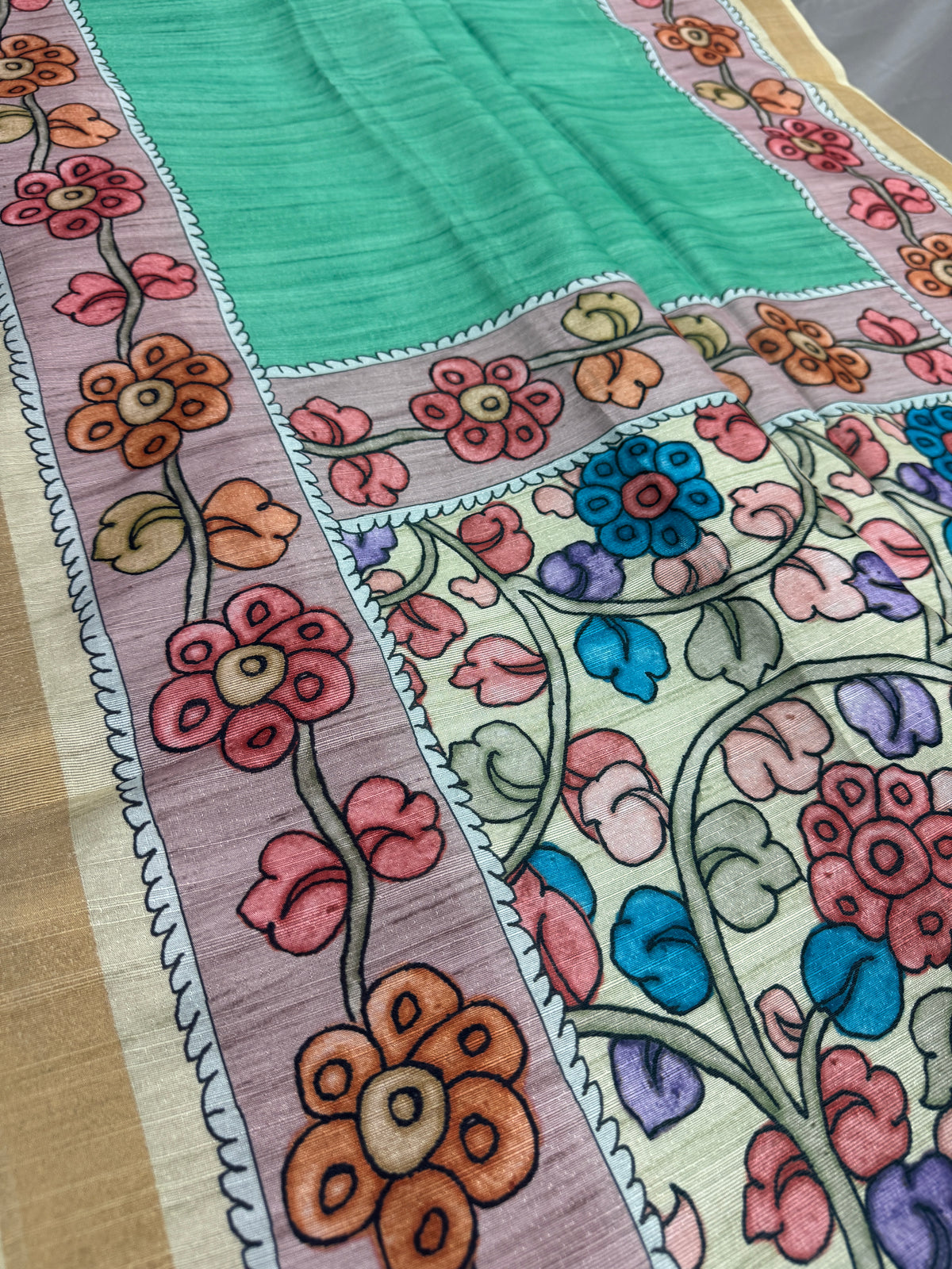 Lia | Sea Green & Off-White Semi Tussar Silk Saree | Floral Kalamkari Print image 3