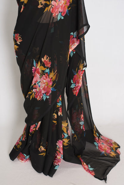Nita : Black Floral Printed Chiffon Georgette Saree image 5