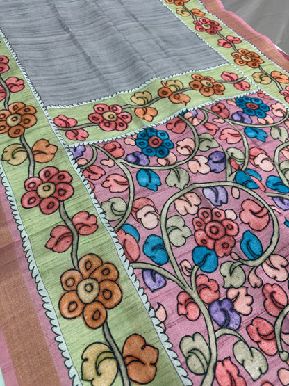 Nisha: Steel Gray & Dusty Pink Semi Tussar Saree | Floral Kalamkari Print image 3