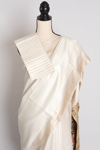 Shwetraag -  Hand-Painted Madhubani Staple Tussar Saree in Pristine White image 2