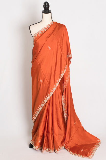 Sargam : Orange Hand Embroidery Zardosi Crepe Silk Partywear Saree image 0