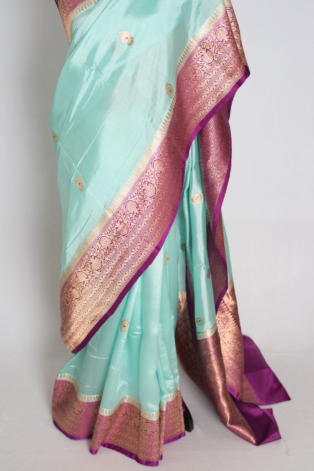 Turquoise Blue and Purple Banarasi saree — pallu view