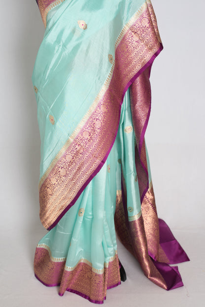 Turquoise Blue and Purple Banarasi saree — pallu view