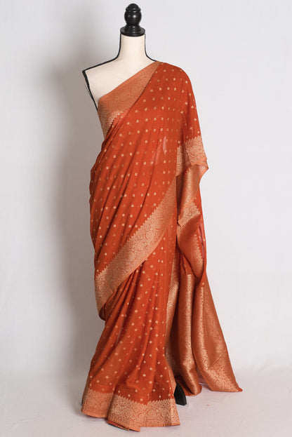 Mahi: Rust Brown Lightweight Semi Georgette Banarasi Saree with 38 Size Blouse image 0