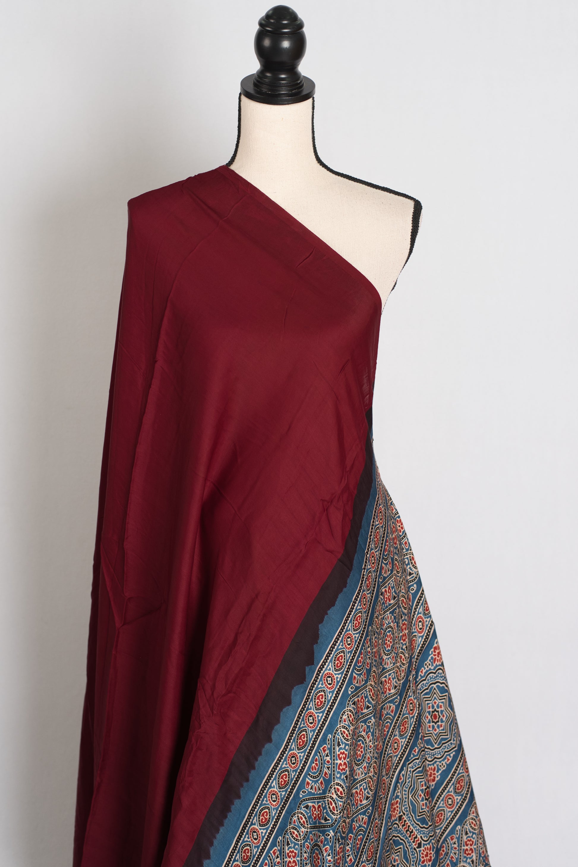 Leela : Dark Red Hand Block Printed Pure Modal Silk Ajrakh Saree image 3