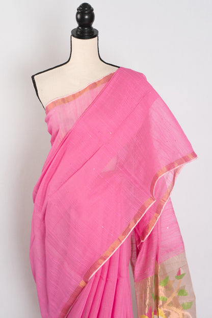 Bristi: Pink & Gold Muslin Cotton Jamdani Saree | Hand-Inspired Sequin Weaving image 5