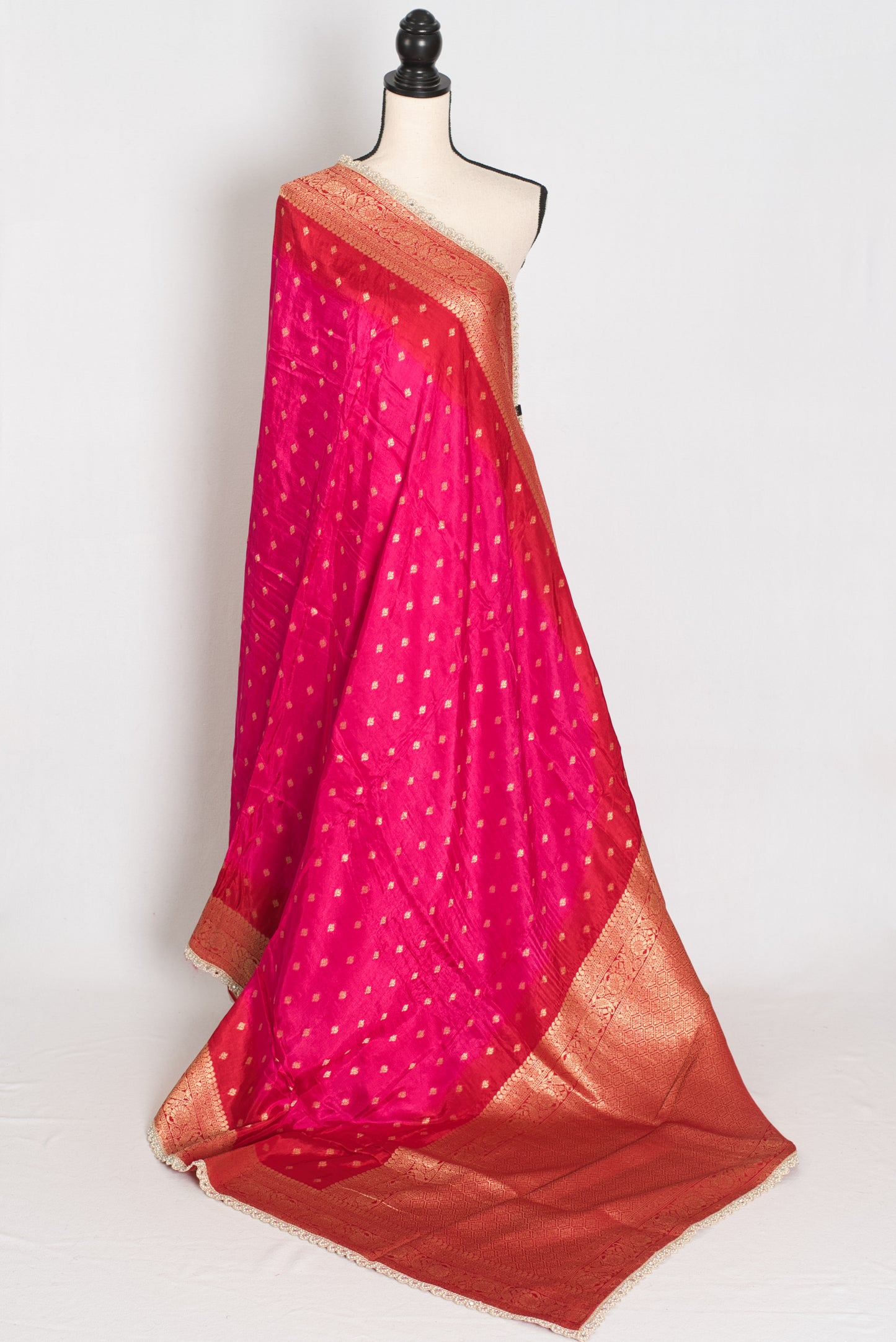 Harini | Pink & Red Dola Silk Banarasi Saree | Designer Stitched Lace Border image 1