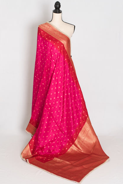 Harini | Pink & Red Dola Silk Banarasi Saree | Designer Stitched Lace Border image 1
