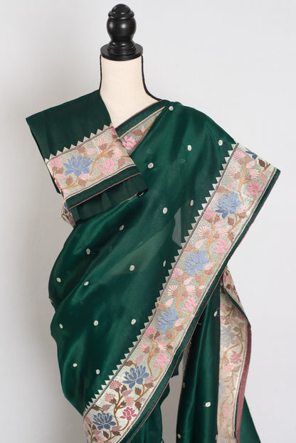 Farheen : Bottle Green Thread Embroidery Party Wear Organza Saree image 2