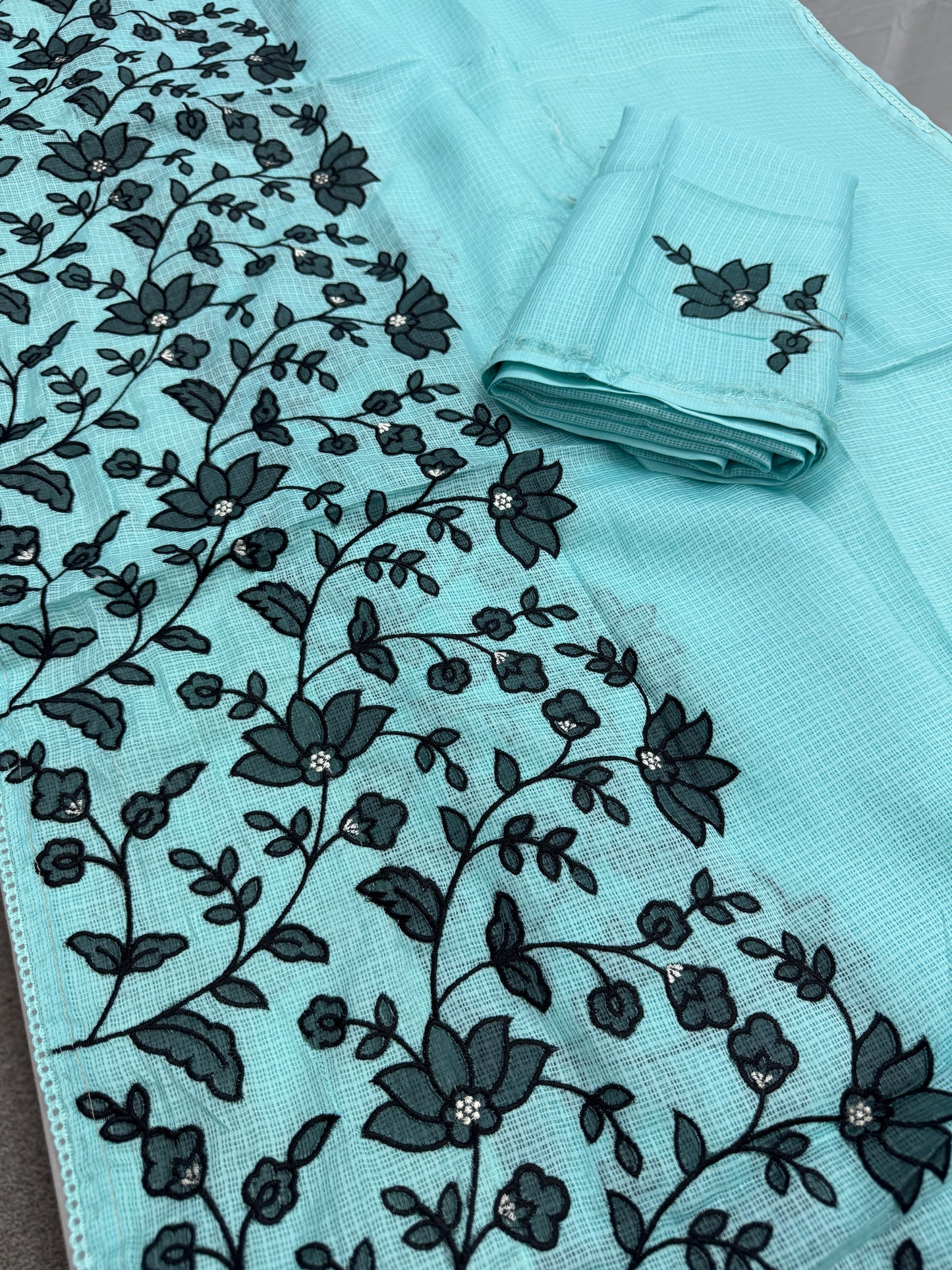 Dhriti | Turquoise Blue & Black Semi Kota Silk Saree | Artistic Floral Appliqué image 2