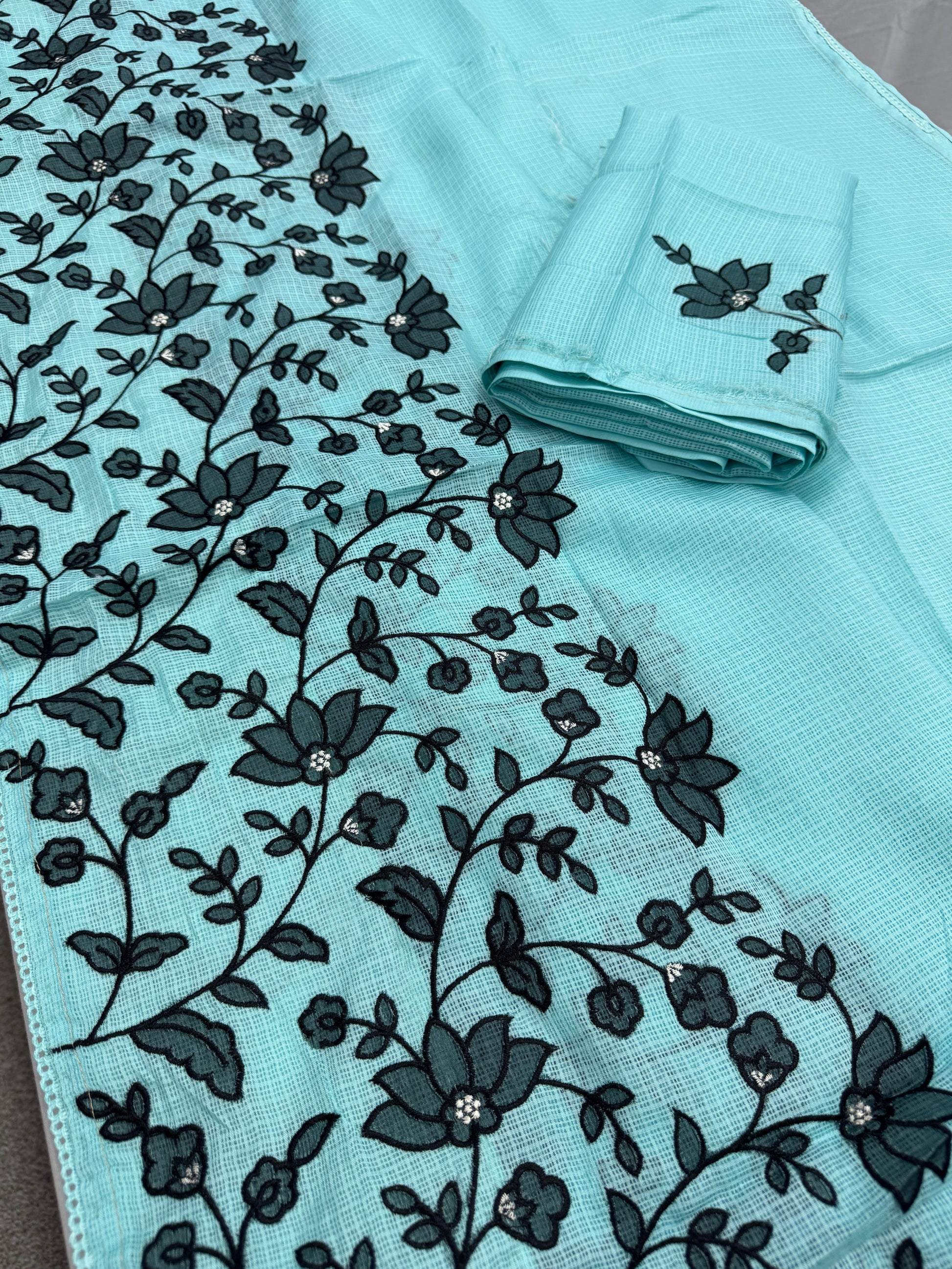 Dhriti | Turquoise Blue & Black Semi Kota Silk Saree | Artistic Floral Appliqué image 2