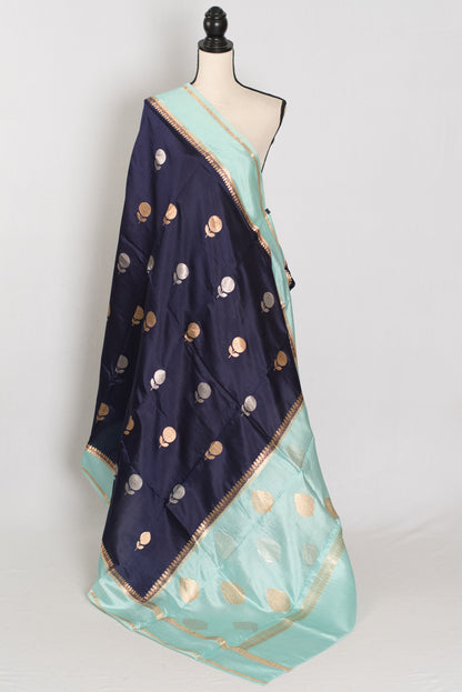Gehna | Dark Blue & Sky Blue Satin Katan Banarasi Saree | Modern Minimalist image 1