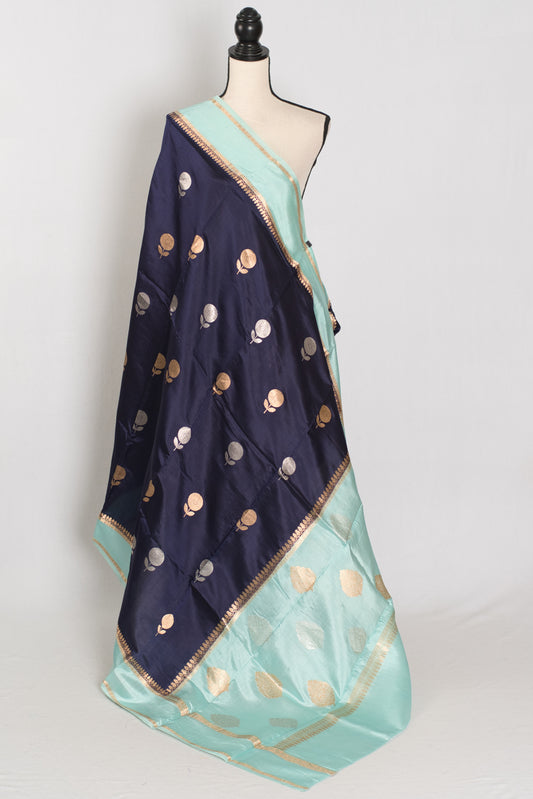 Gehna | Dark Blue & Sky Blue Satin Katan Banarasi Saree | Modern Minimalist image 1