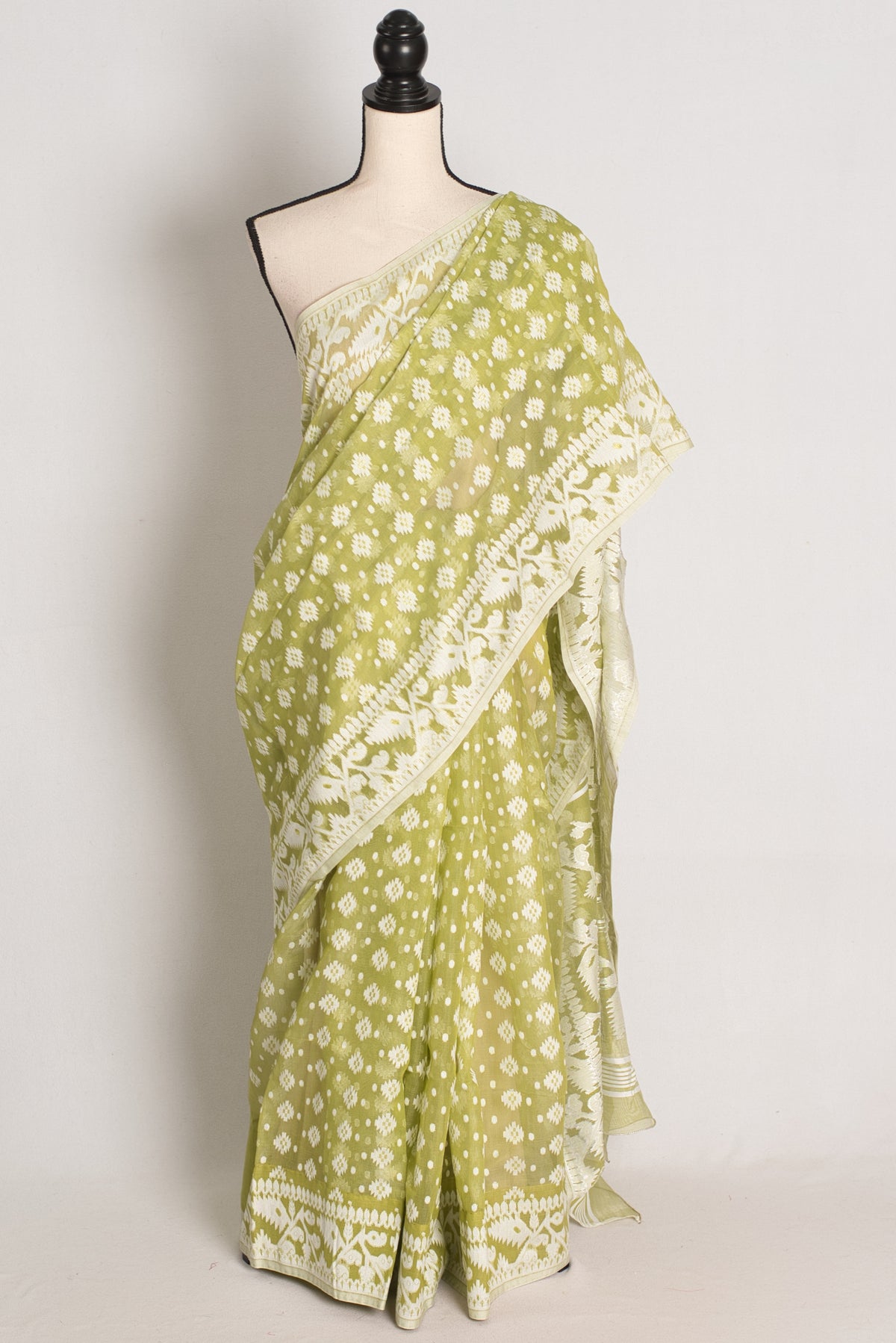 Nita : Light Olive Green and White Soft Blended Cotton Bengali Jamdani Saree image 0