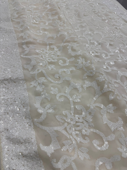 Damini | Ivory White Sequin Georgette Cocktail Saree | Classic Embroidery image 5