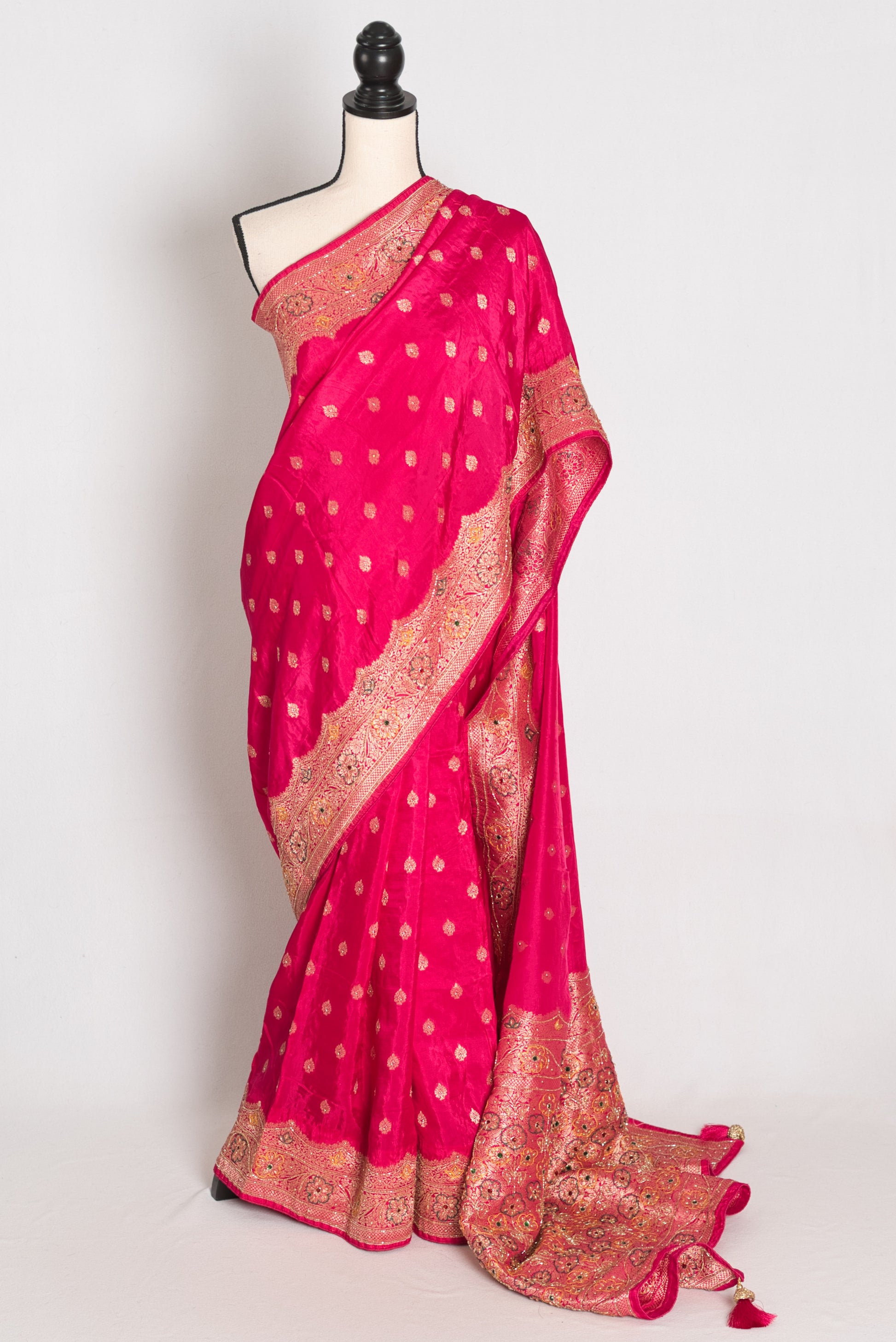 Afrin Pink and Gold Hand Embroidered Banarasi Saree with 36 Size Stitched Blouse image 0