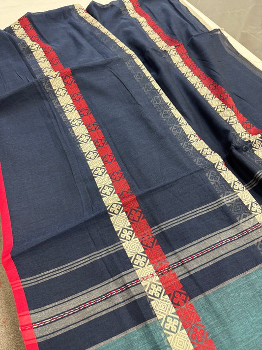 Neela : Blue and Red Horizontal Stripe Dhaniakhali Bengali Soft Cotton Saree image 0