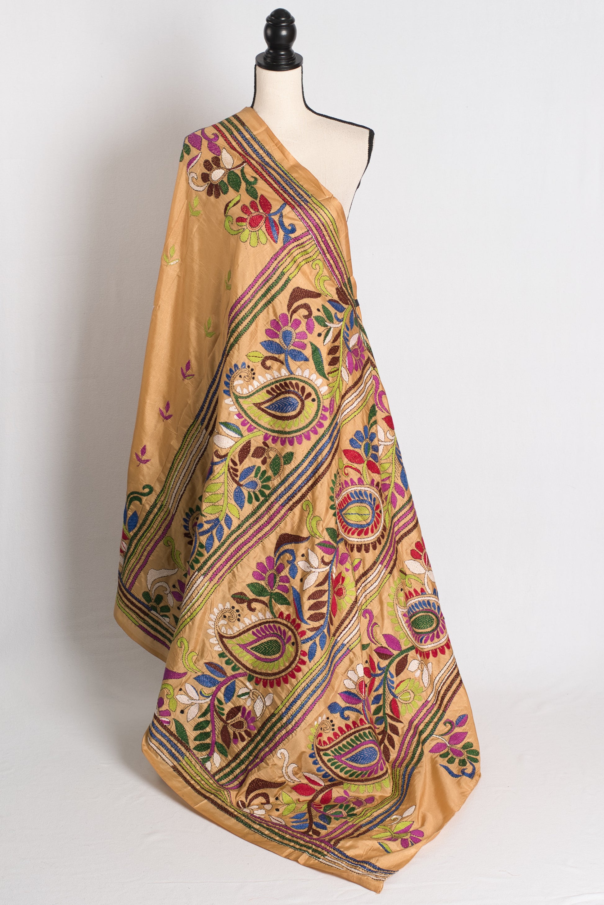 Mrittika - Brown Blended Silk Hand Embroidered Kantha Stitch Saree image 1