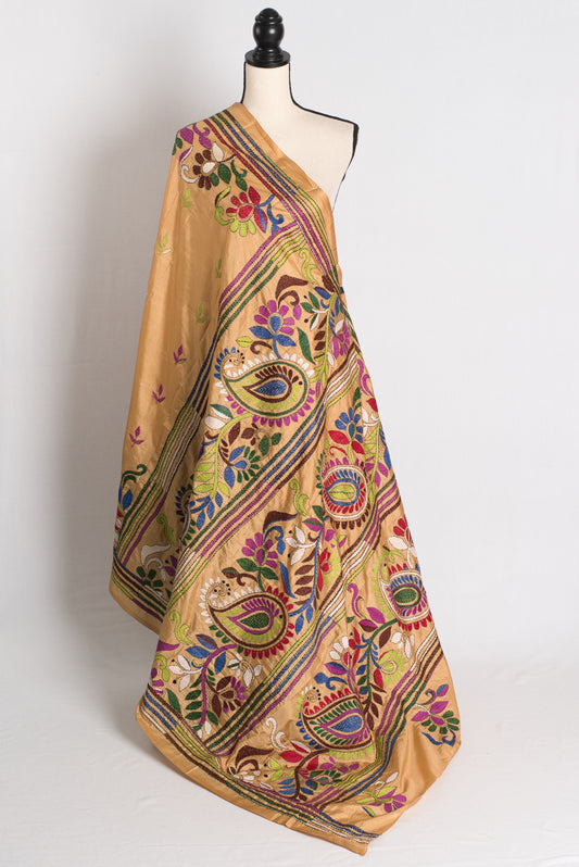 Mrittika - Brown Blended Silk Hand Embroidered Kantha Stitch Saree image 1
