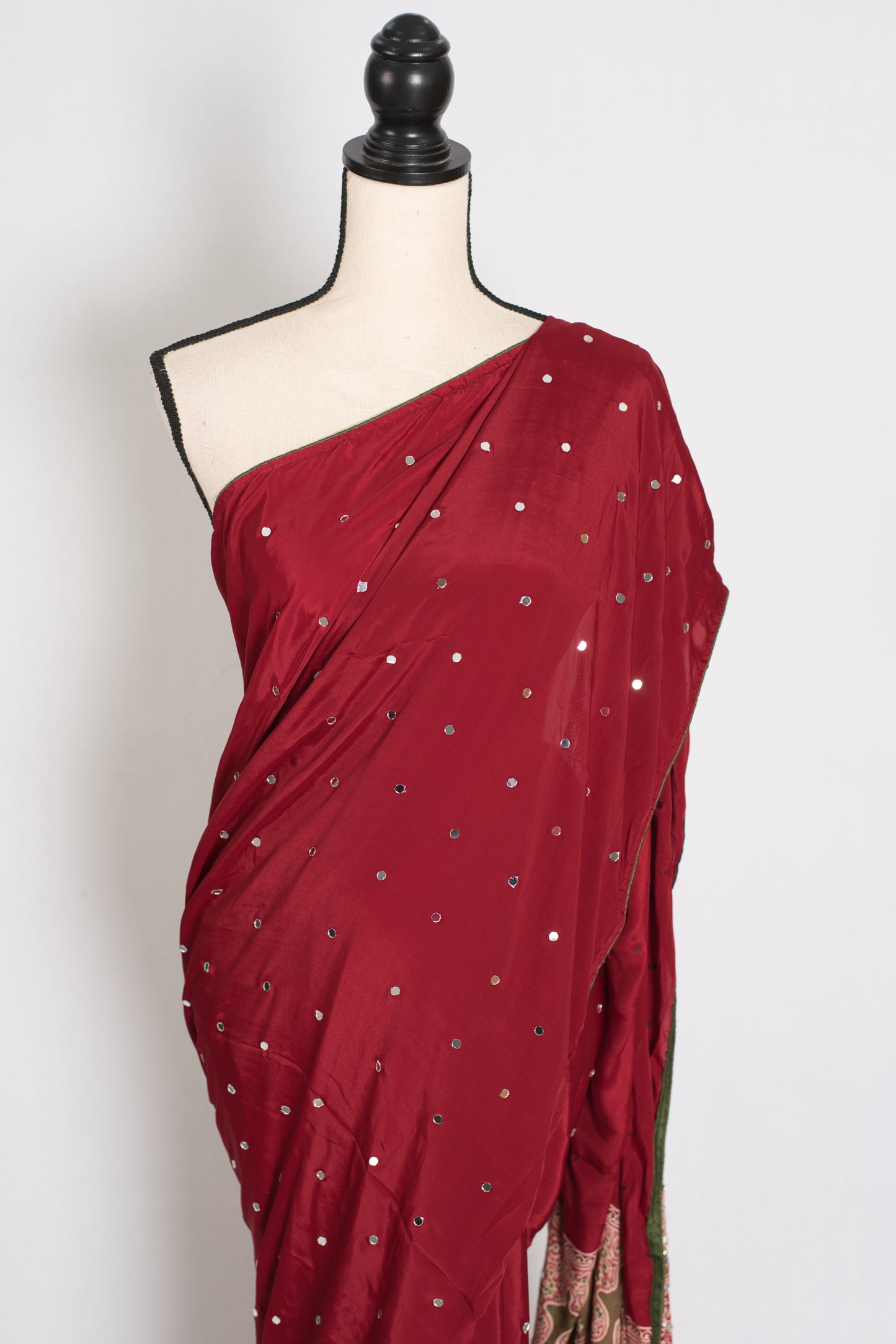Mouli | Brick Red Mirror Work Partywear Ajrakh Saree | Soft Semi Modal Silk image 5