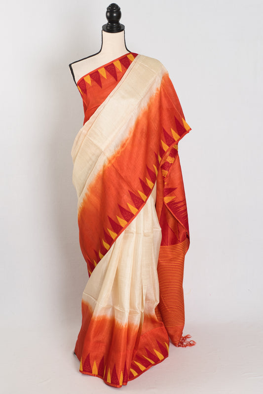 Kalpana: Cream & Orange Bengal Tussar Silk Saree | Silk Mark Certified image 0