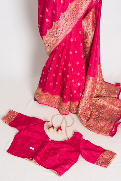Afrin Pink and Gold Hand Embroidered Banarasi Saree with 36 Size Stitched Blouse image 1