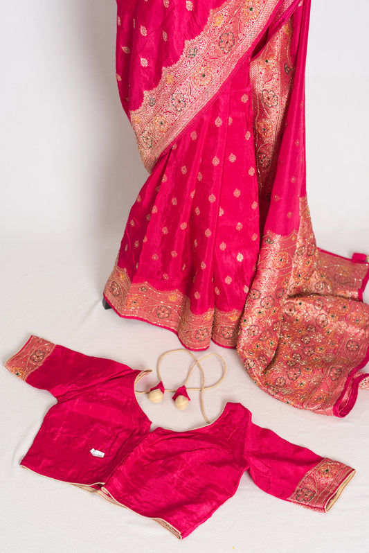 Afrin Pink and Gold Hand Embroidered Banarasi Saree with 36 Size Stitched Blouse image 1