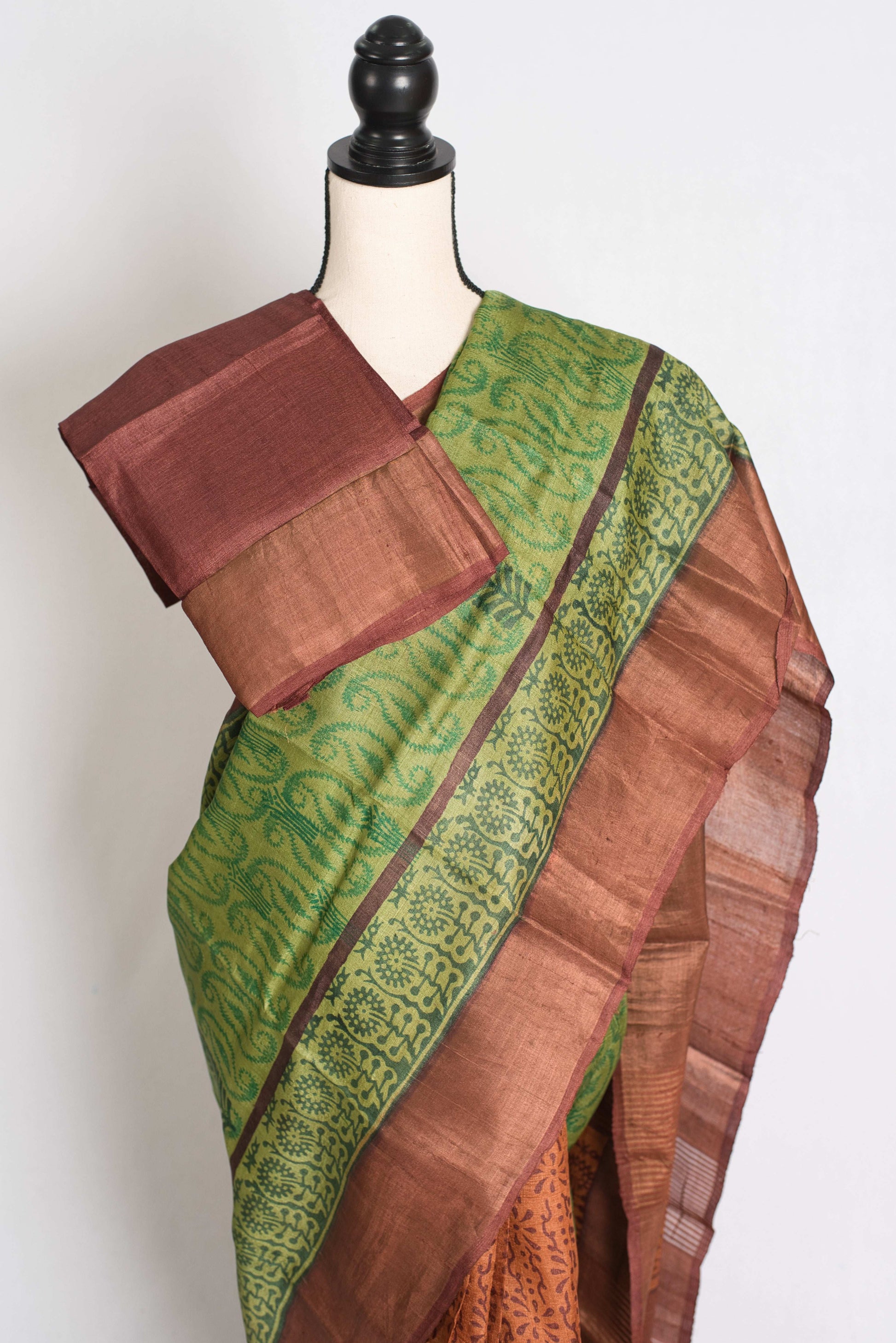 Supriya: Hand Block Printed Tussar Silk Saree in Half and Half Design image 2