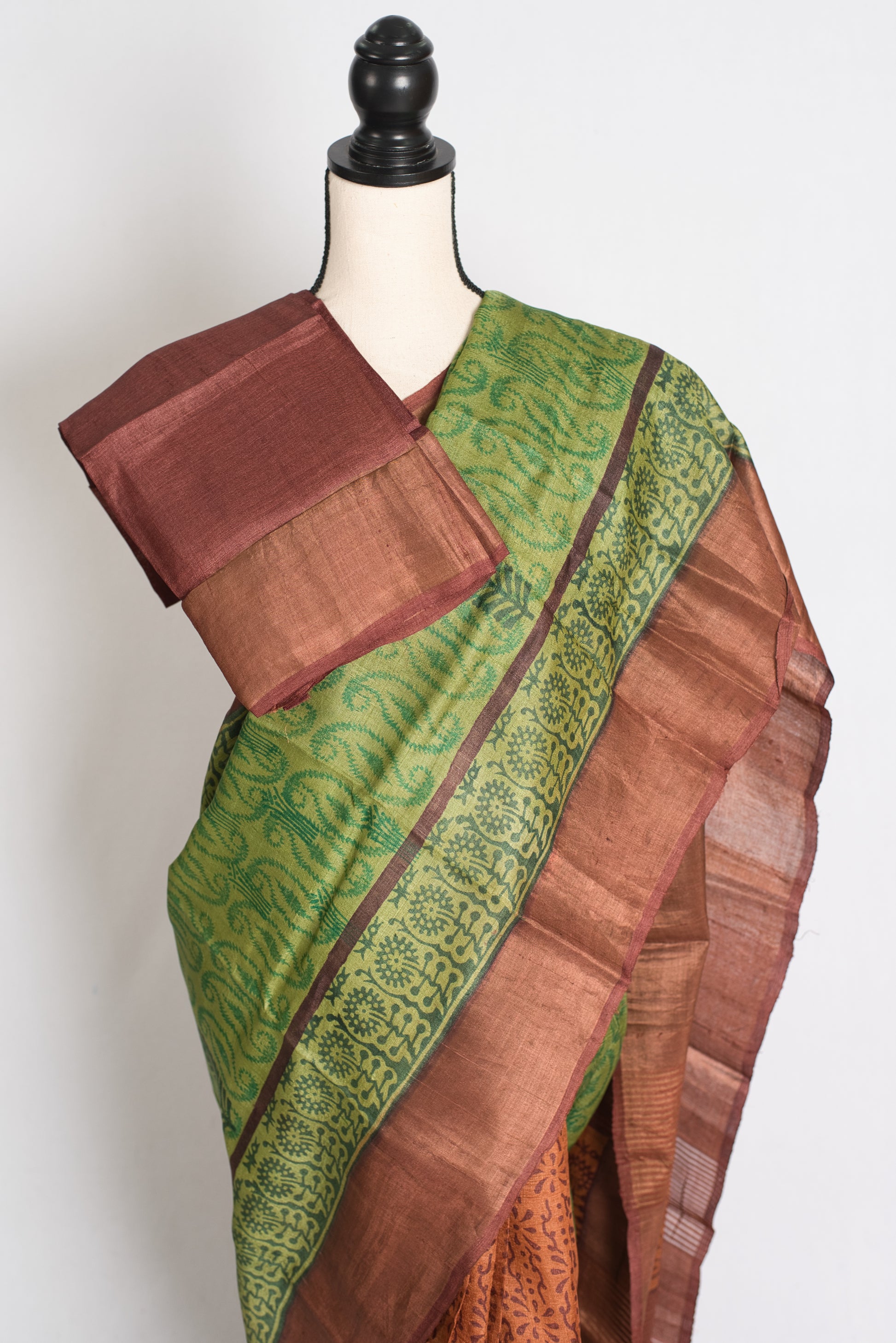 Supriya: Hand Block Printed Tussar Silk Saree in Half and Half Design image 2