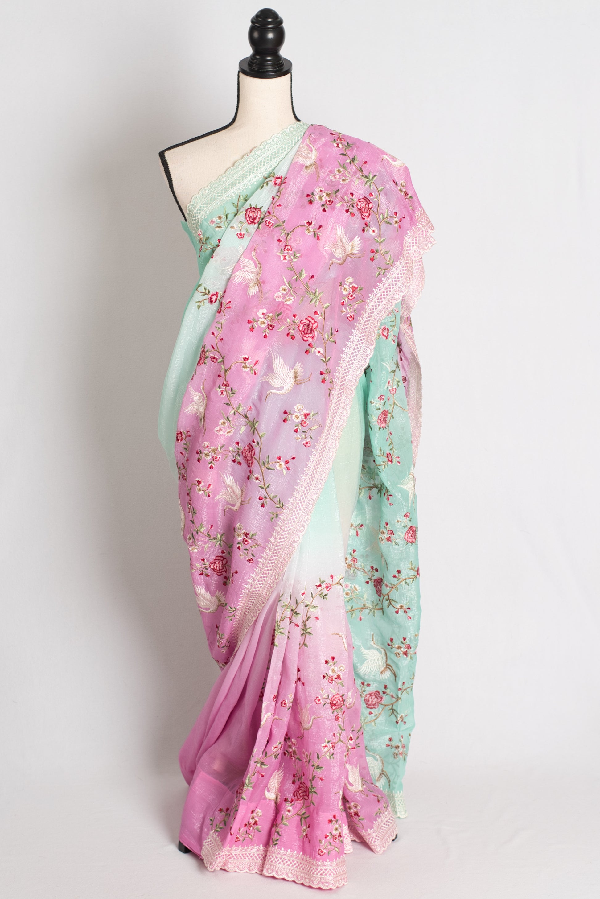 Farah : Sea Green and Pink Parsi Embroidery Designer Tissue Saree image 0