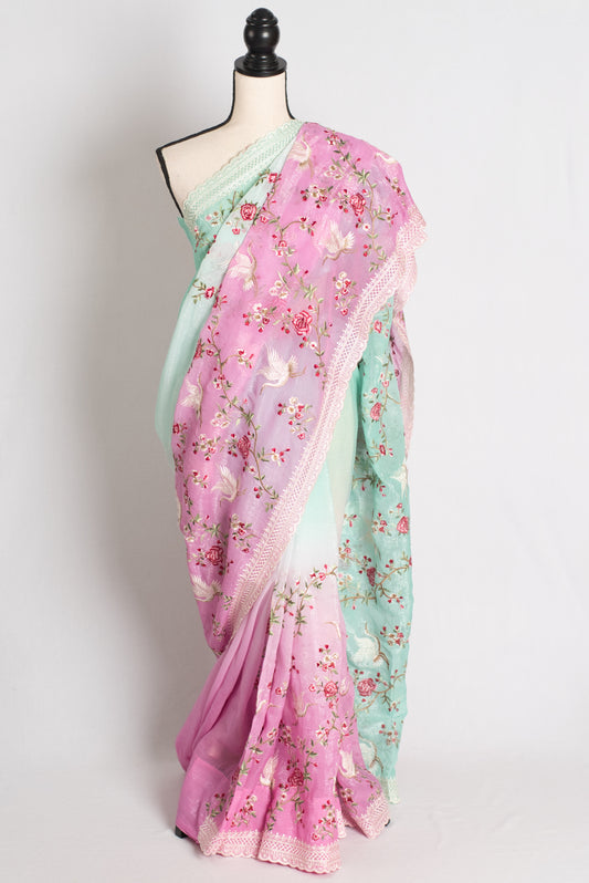 Farah : Sea Green and Pink Parsi Embroidery Designer Tissue Saree image 0