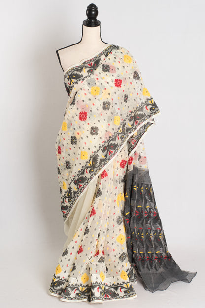 Bidisha : Off White and Black Blended Soft Cotton Jamdani Bengali Saree image 0