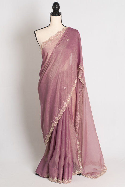 Fariha : Hand Embroidery Soft Tissue Party Wear Saree in Onion Pink image 0