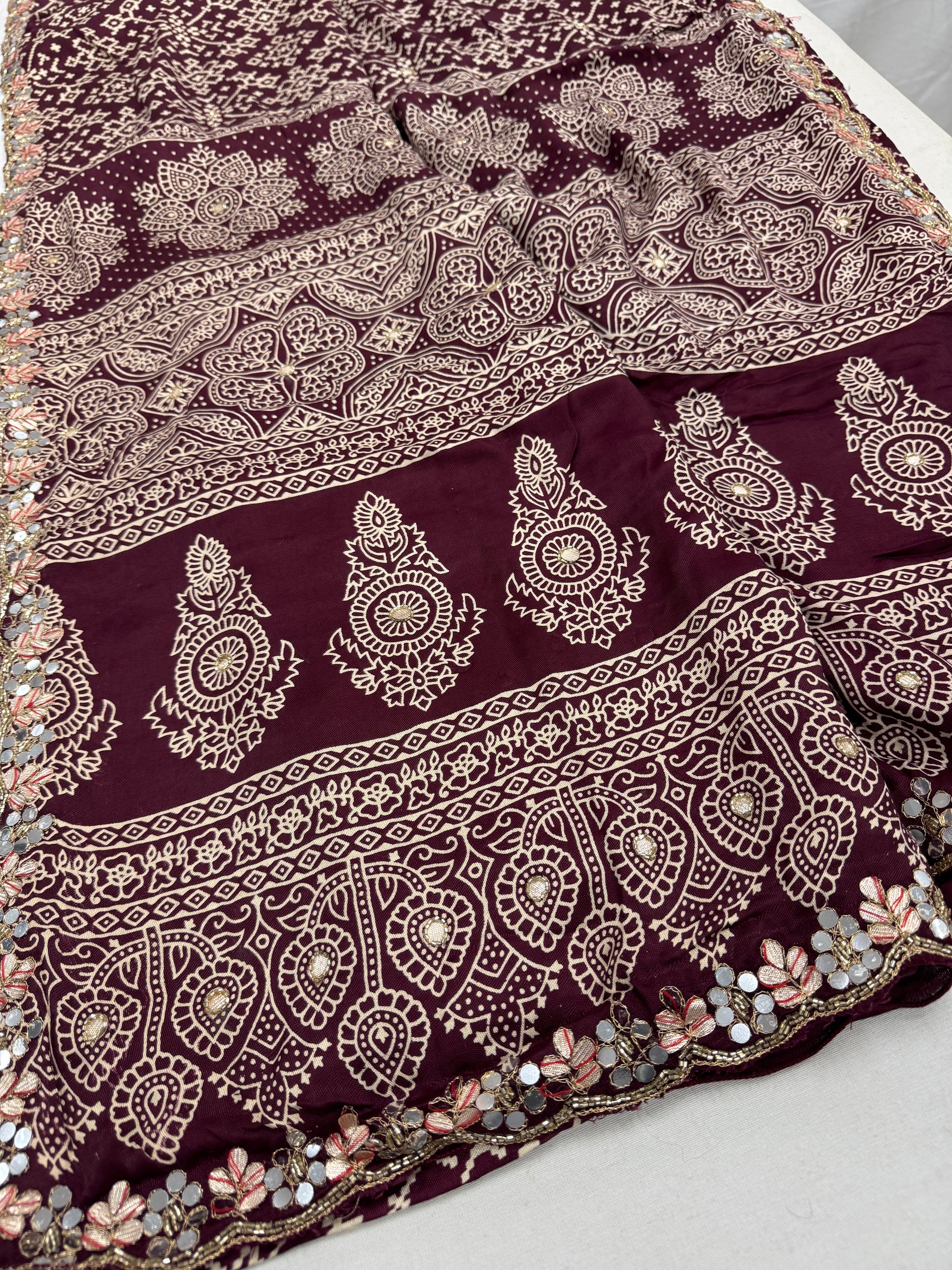 Aarthy : Maroon Modal Silk Ajrakh Saree with Hand Embroidery Work image 3