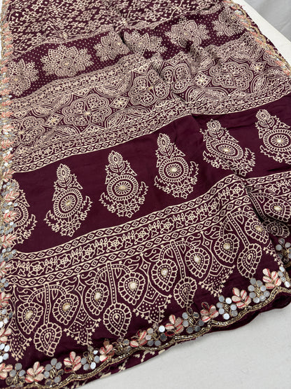Aarthy : Maroon Modal Silk Ajrakh Saree with Hand Embroidery Work image 3