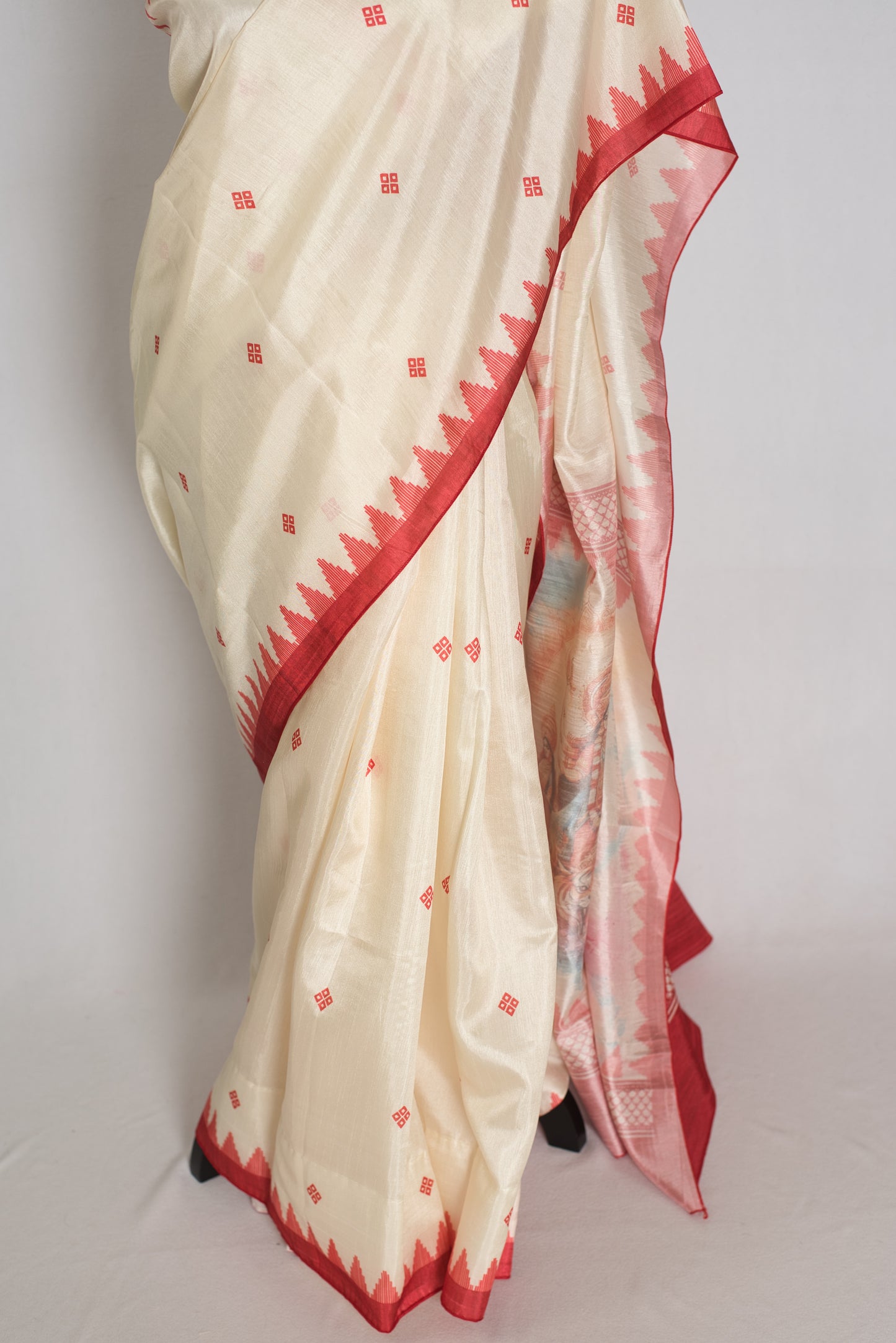 Gauri: Traditional Cream and Red Semi Silk Durga Puja Saree with Durga Pallu image 5