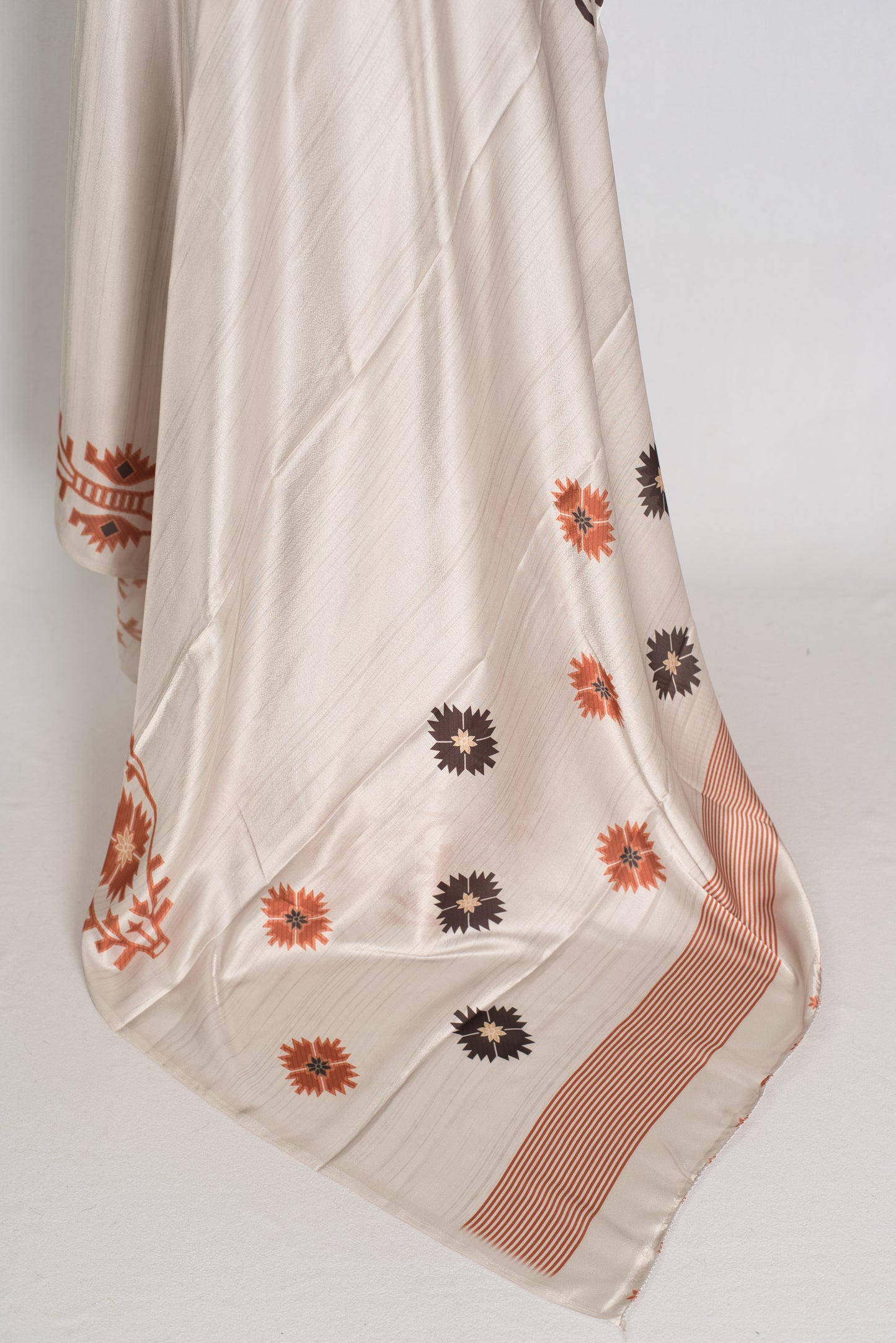 Rita | Cement White Soft Satin Saree with Traditional Kolka Prints image 3