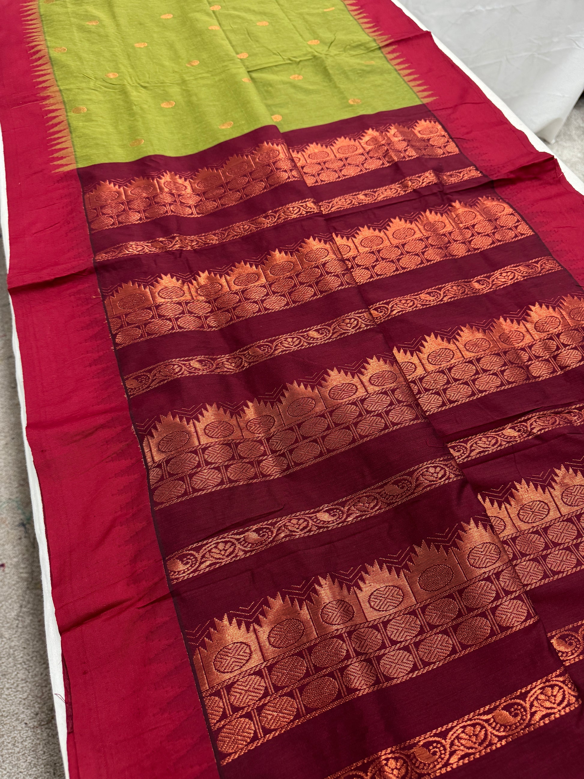 Sheuli : Blended Cotton Gadwal Saree in Moss Green and Red image 2