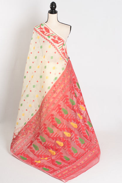 Siri : Cream and Red Blended Soft Cotton Jamdani Bengali Saree image 1
