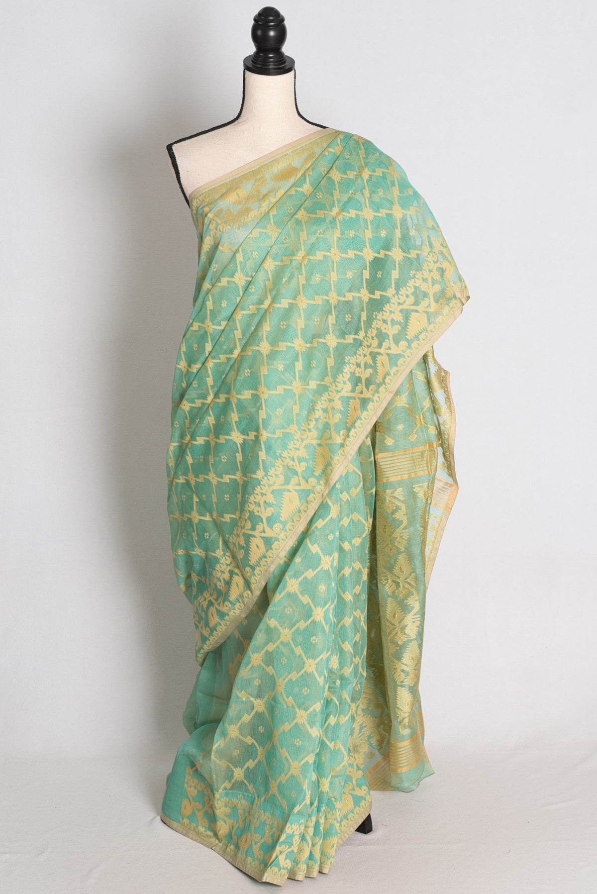 Pastel Green and Beige Jamdani saree — view