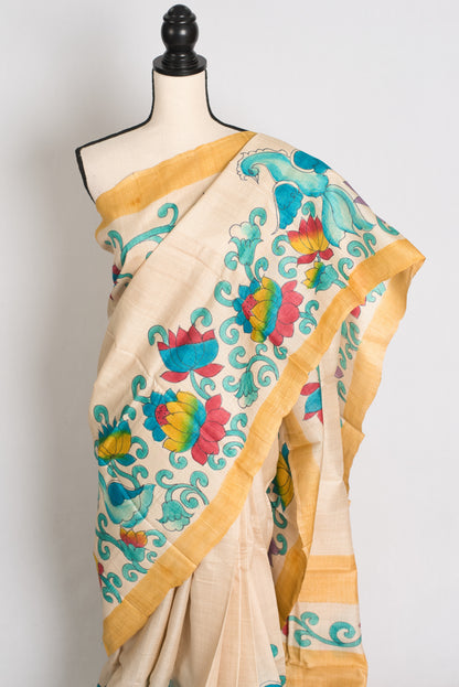 Mala : Hand Painted Kalamkari Tussar Silk Saree in Cream and Yellow image 5