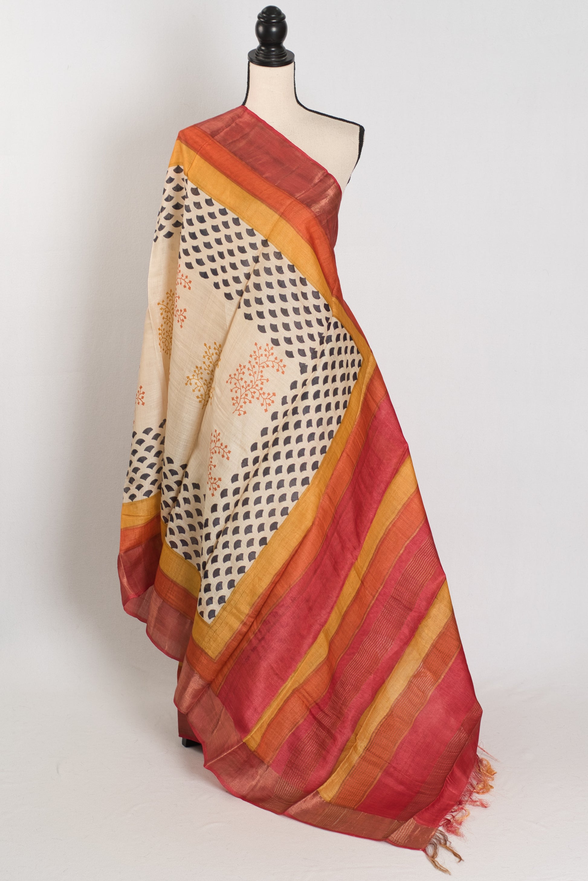 Madhavi: Beige & Rust Hand Block Printed Bengal Tussar Silk Saree image 1
