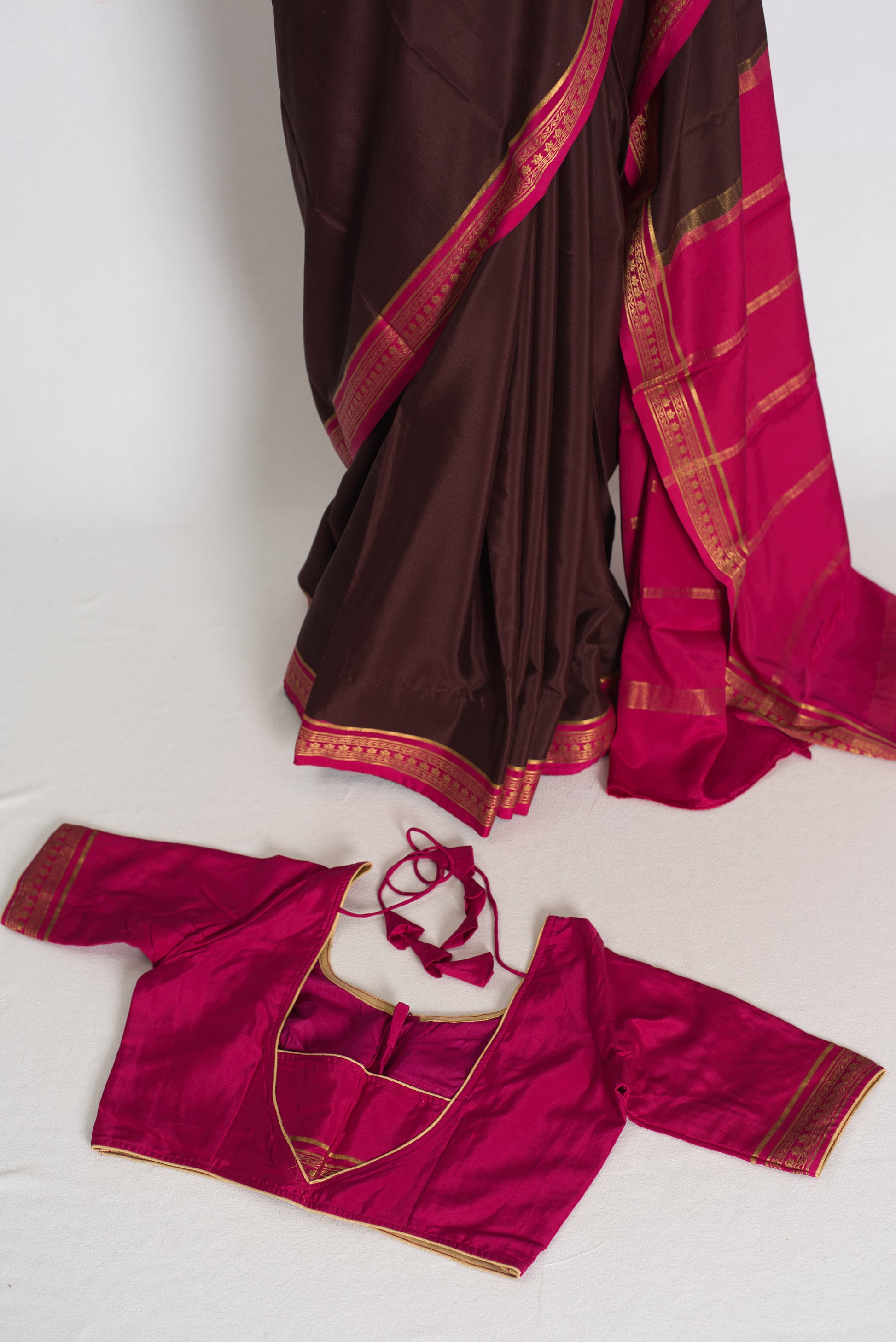 Devi : Brown and Pink Pure Mysore Crepe Silk Saree with 38 Size Stitched Blouse image 2