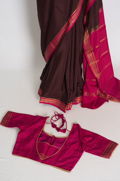 Devi : Brown and Pink Pure Mysore Crepe Silk Saree with 38 Size Stitched Blouse image 2