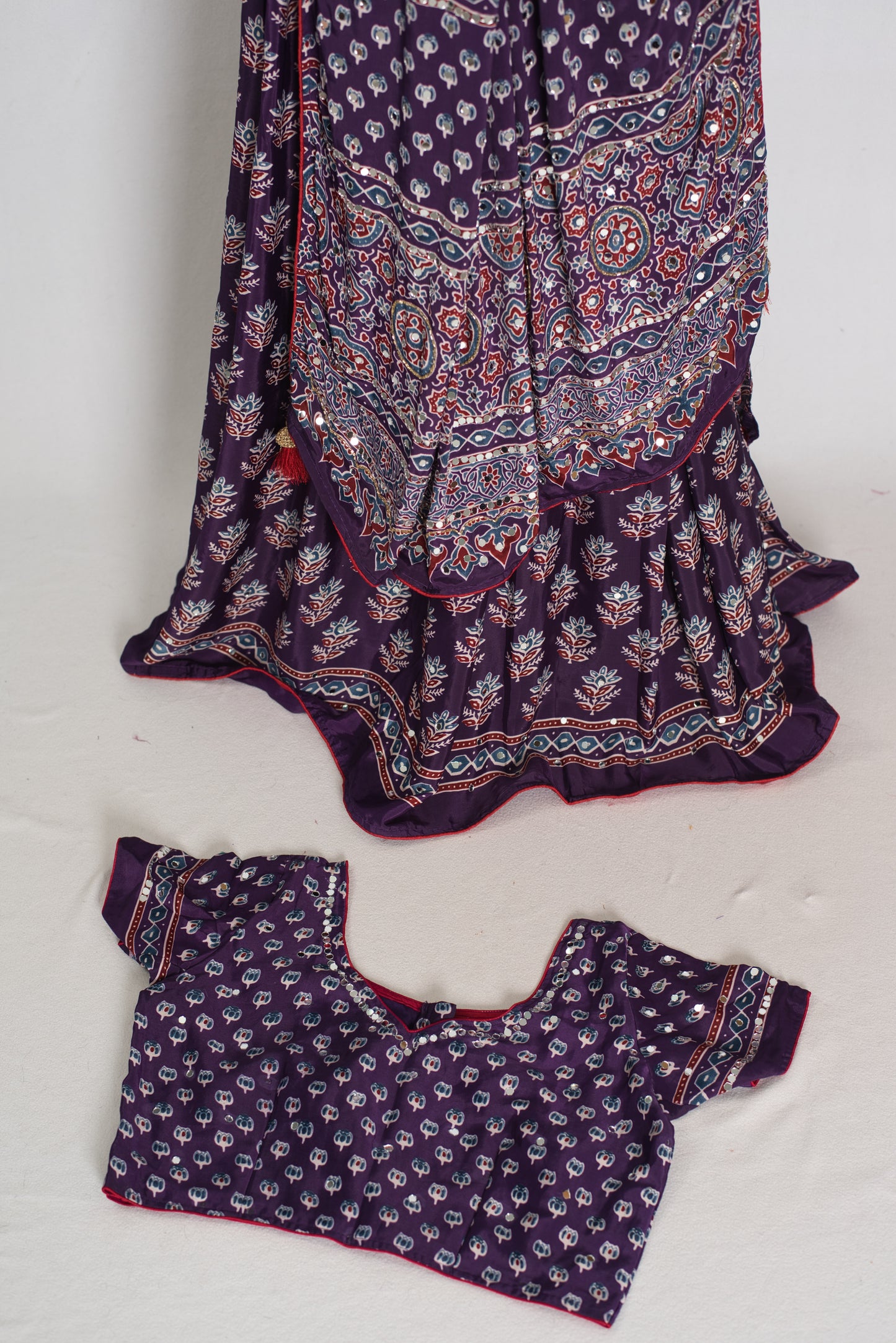 Parul | Purple Ajrakh Print Lehenga Saree with Stitched Blouse image 2