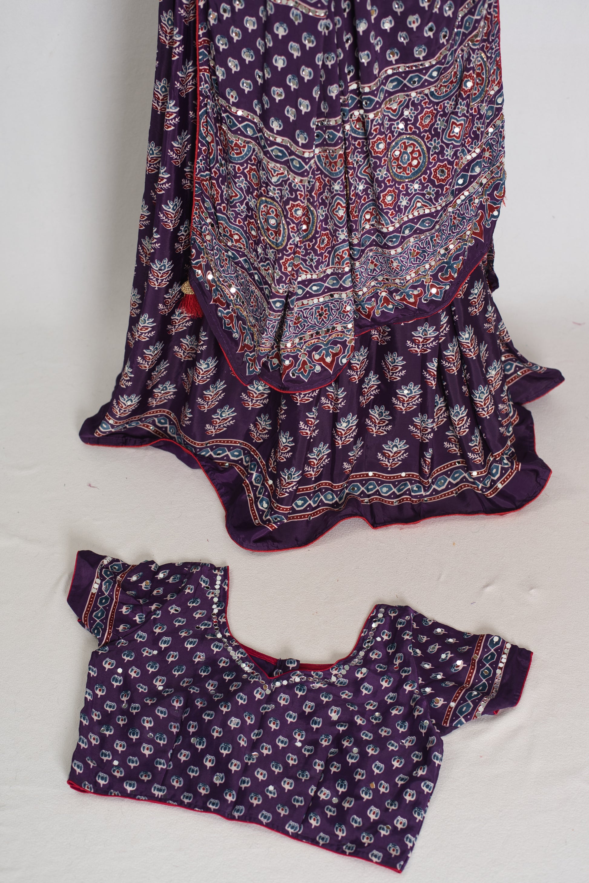 Parul | Purple Ajrakh Print Lehenga Saree with Stitched Blouse image 2
