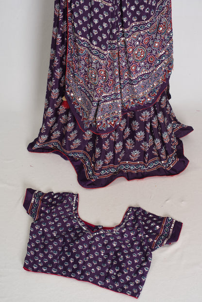 Parul | Purple Ajrakh Print Lehenga Saree with Stitched Blouse image 2