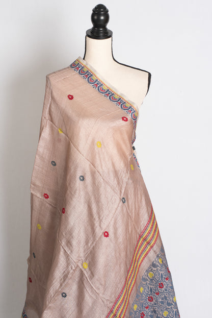 Charulata : Bengal Tussar Silk Saree in English Brown with Multicolour Buti image 4