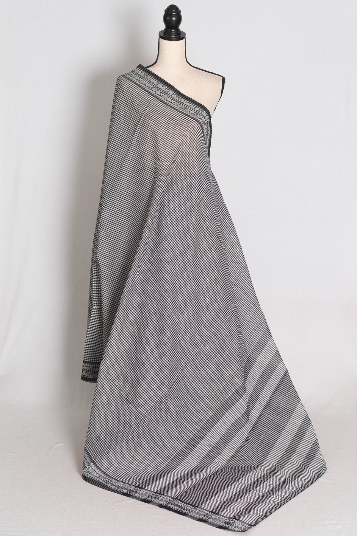 Mritika: Black and White Gamcha Checks Soft Cotton Dhaniakhali Saree image 1