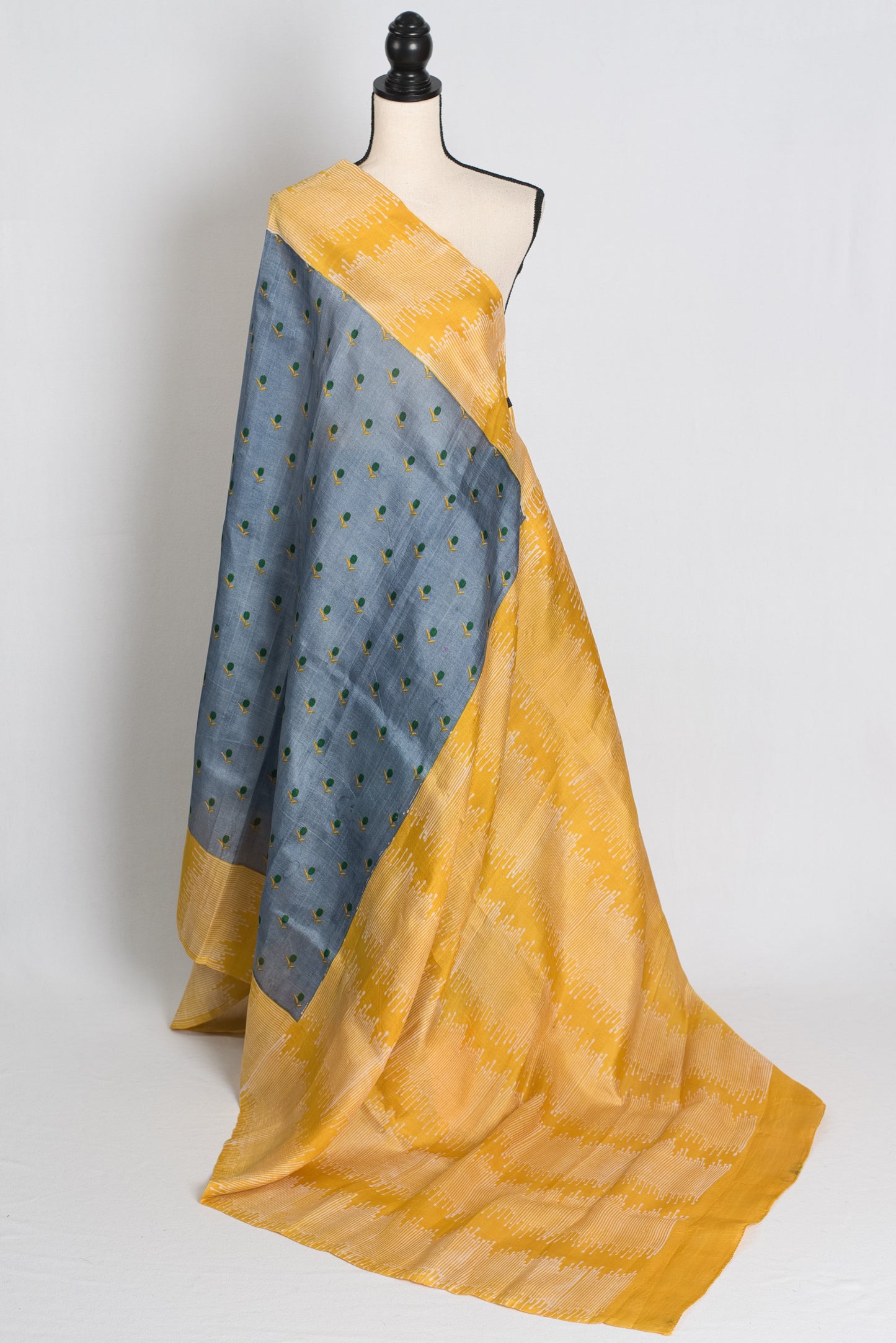 Sanj : Exclusive Hand Block Printed Bishnupur Silk Saree in Grey and Yellow image 1